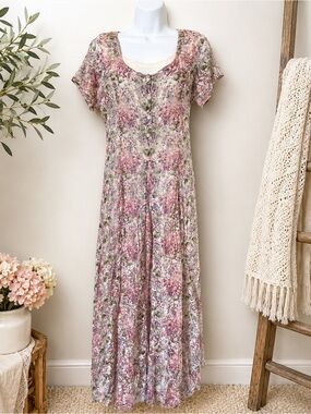 Nostalgia Floral Lace Vintage Midi 90s Pink Floral Romantic Cottagecore Dress S